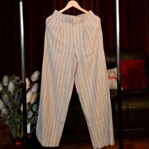 CREAM&BLACK PINSTRIPE LINEN BLEND HIGH RISE WIDE LEG PANTS.